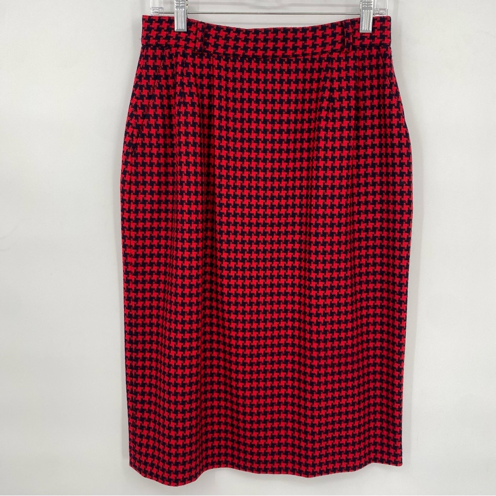 Evan-Picone Vintage Red & Blue Houndstooth Worsted Wool 1990’s Midi Skirt 12